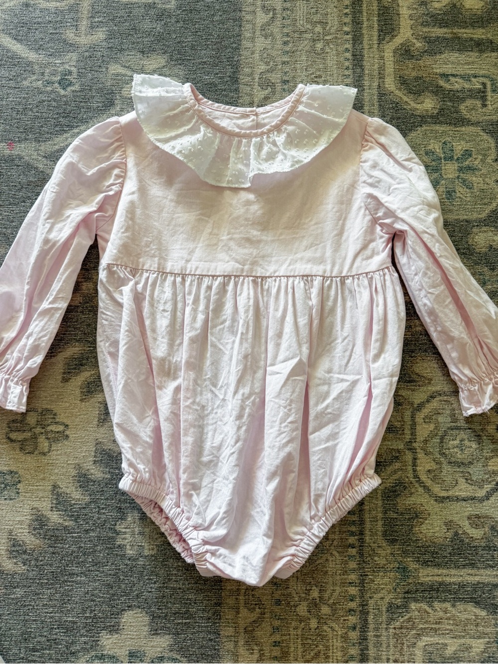 Long-Sleeve Pink Baby One-Piece with White Eyelet Ruffle Collar